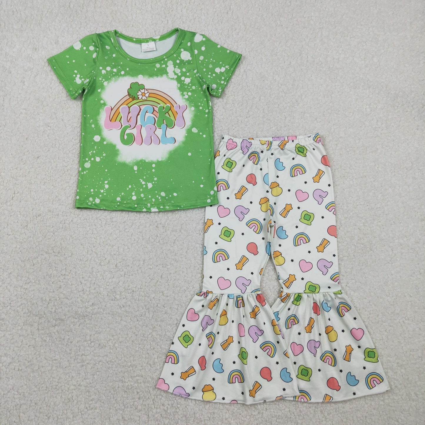 GSPO2101 Baby Lucky Girl Rainbow Top Bell Bottom Pants St Patrick Clothes Sets