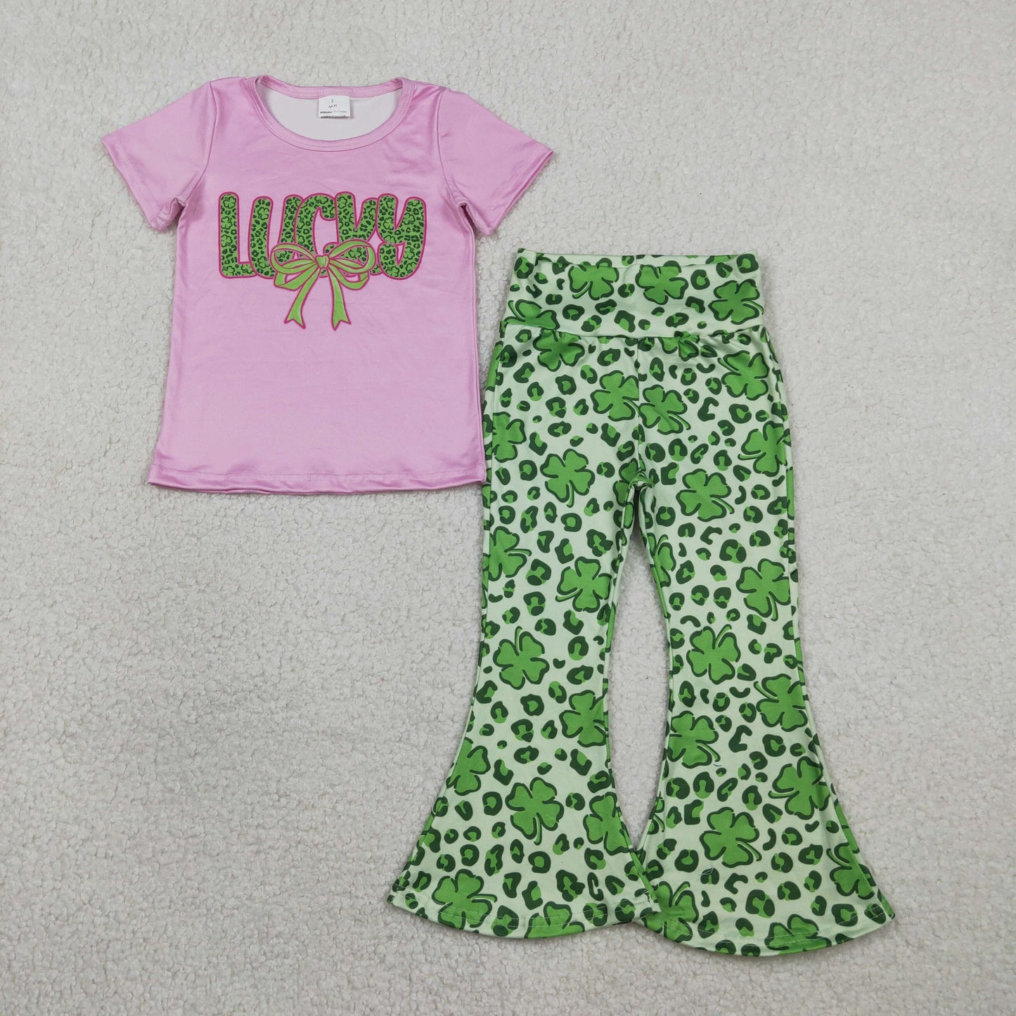 GSPO2104 Baby Girls Clover Bow Lucky Top Bell Bottom Pants St Patrick Clothes Sets