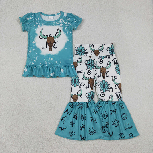 GSPO2114 Baby Girls Bull Skulls Ruffle Top Bell Bottom Pants Western Clothes Set