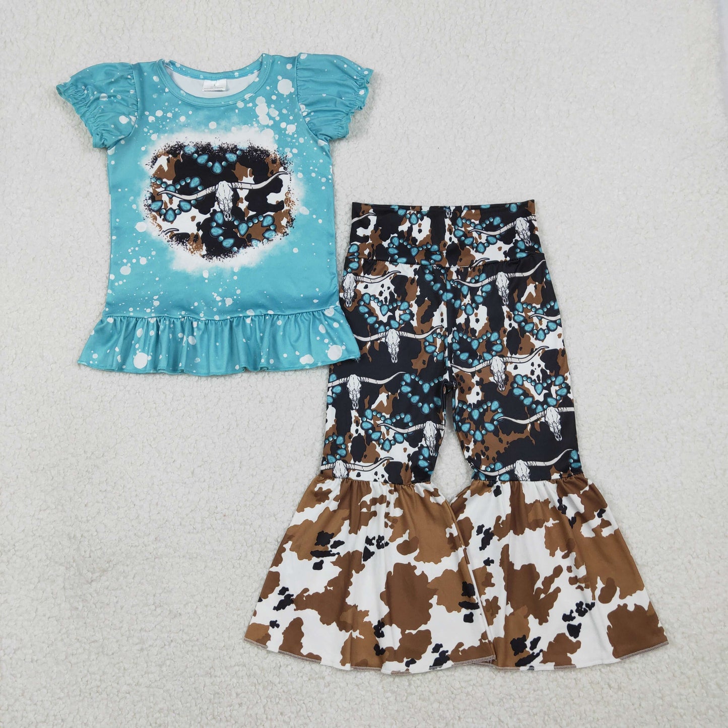 GSPO2116 Baby Girls Cow Print Bull Skulls Top Bell Bottom Pants Western Clothes Sets