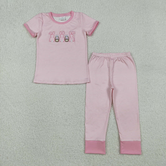 GSPO2117 Baby Girls Embroidery Rabbit Eggs Top Stripe Pants Easter Pajamas Sets