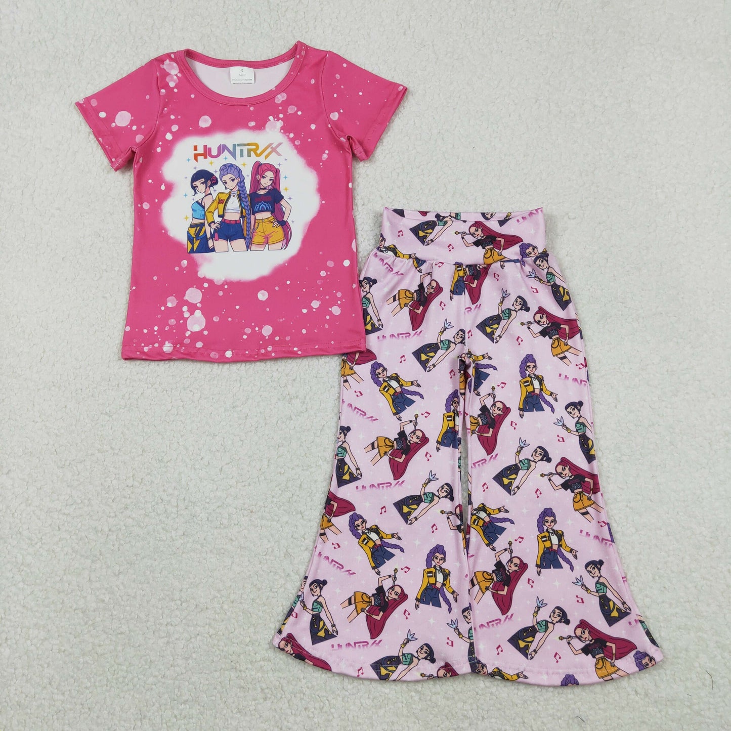 Sibling Baby Girls Pink Demon Hunter Top Flare Pants Pajamas Clothes Sets Ruffle Knee Length Dresses