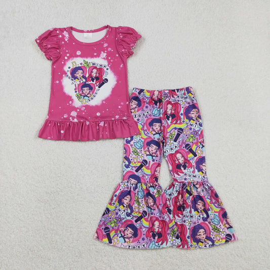 GSPO2128 Baby Girls Pink Demon Hunter Ruffle Top Bell Bottom Pants Clothes Sets