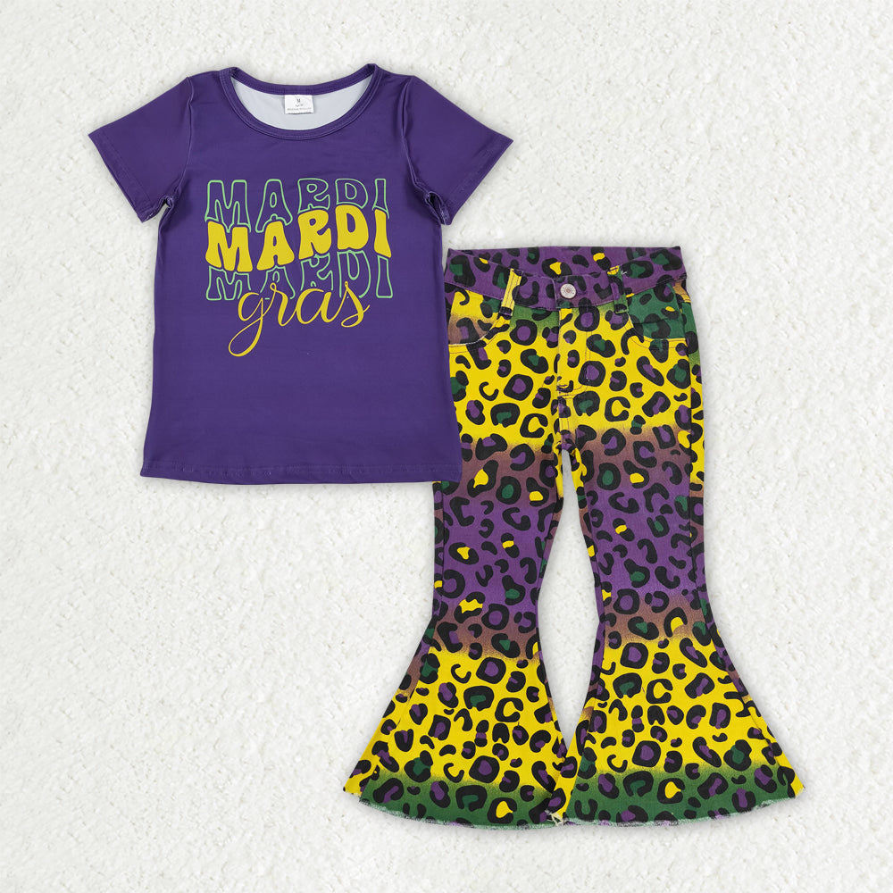 Sibling Baby Girls Mardigras Top Denim Bell Bottom Pants Clothes Sets