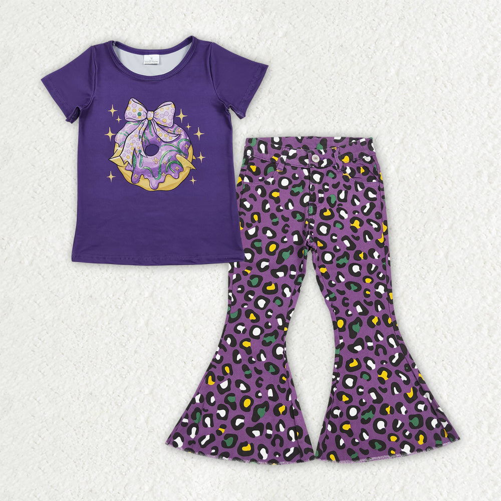 Baby Girls Purple Bow Donuts Top Leopard Denim Bell Bottom Pants Mardigras Clothes Sets