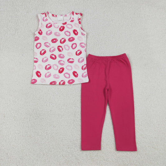 GSPO2191 Baby Girls Pink Mouths Sleeveless Vest Top Leggings Valentines Clothes Set