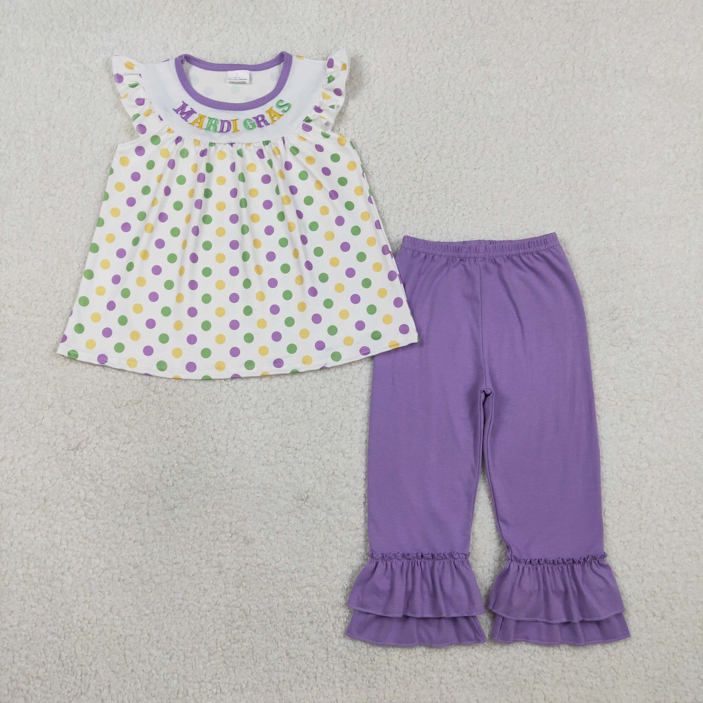GSPO2205 Baby Girls Embroidery MARDIGRAS Polka Dots Tunic Ruffle Pant Clothes Sets