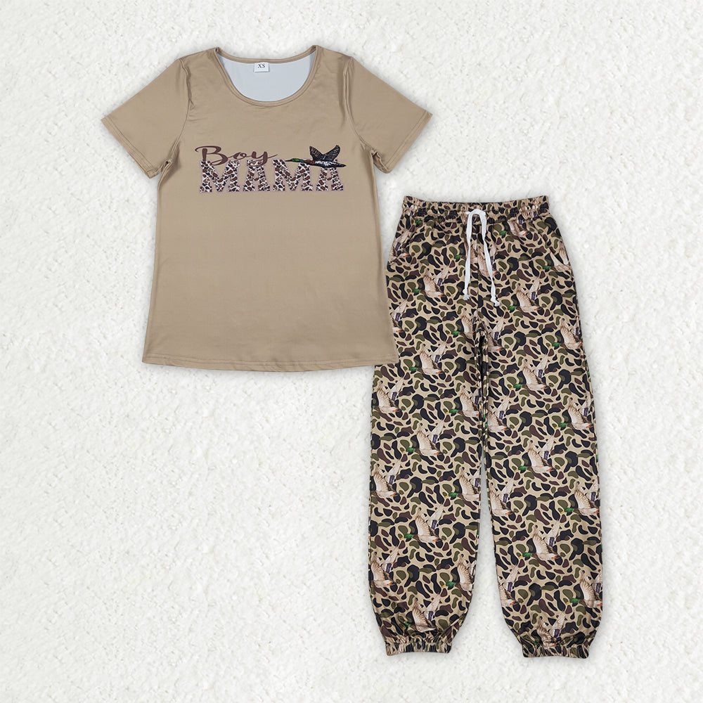 GSPO2231 Adult Women Southern Khaki Camo Mama's Boy Ducks Top Pockets Joggers Hunting Clothes Set