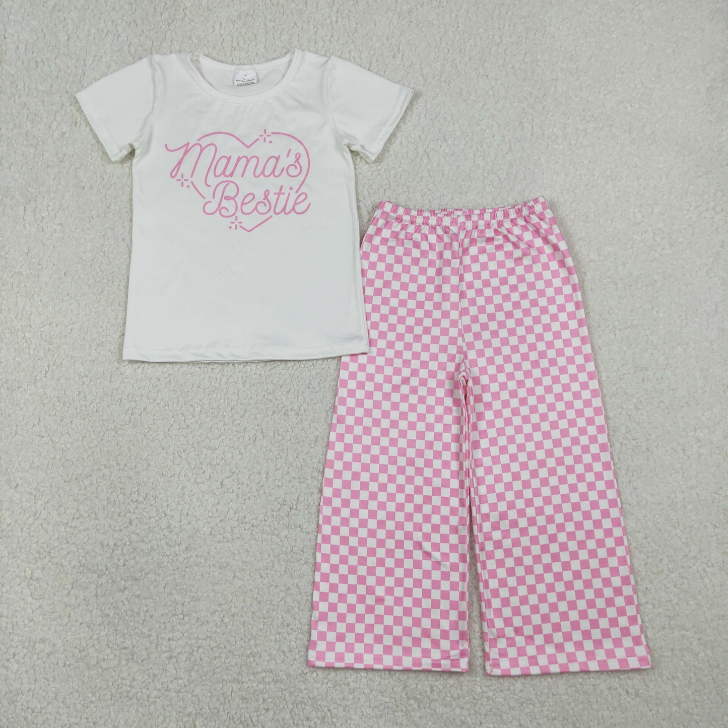 GSPO2249 Baby Girls Mama's Bestie Hearts Top Pink Checked Flare Pants Clothes Sets