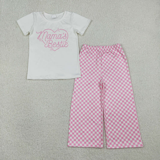 GSPO2249 Baby Girls Mama's Bestie Hearts Top Pink Checked Flare Pants Clothes Sets