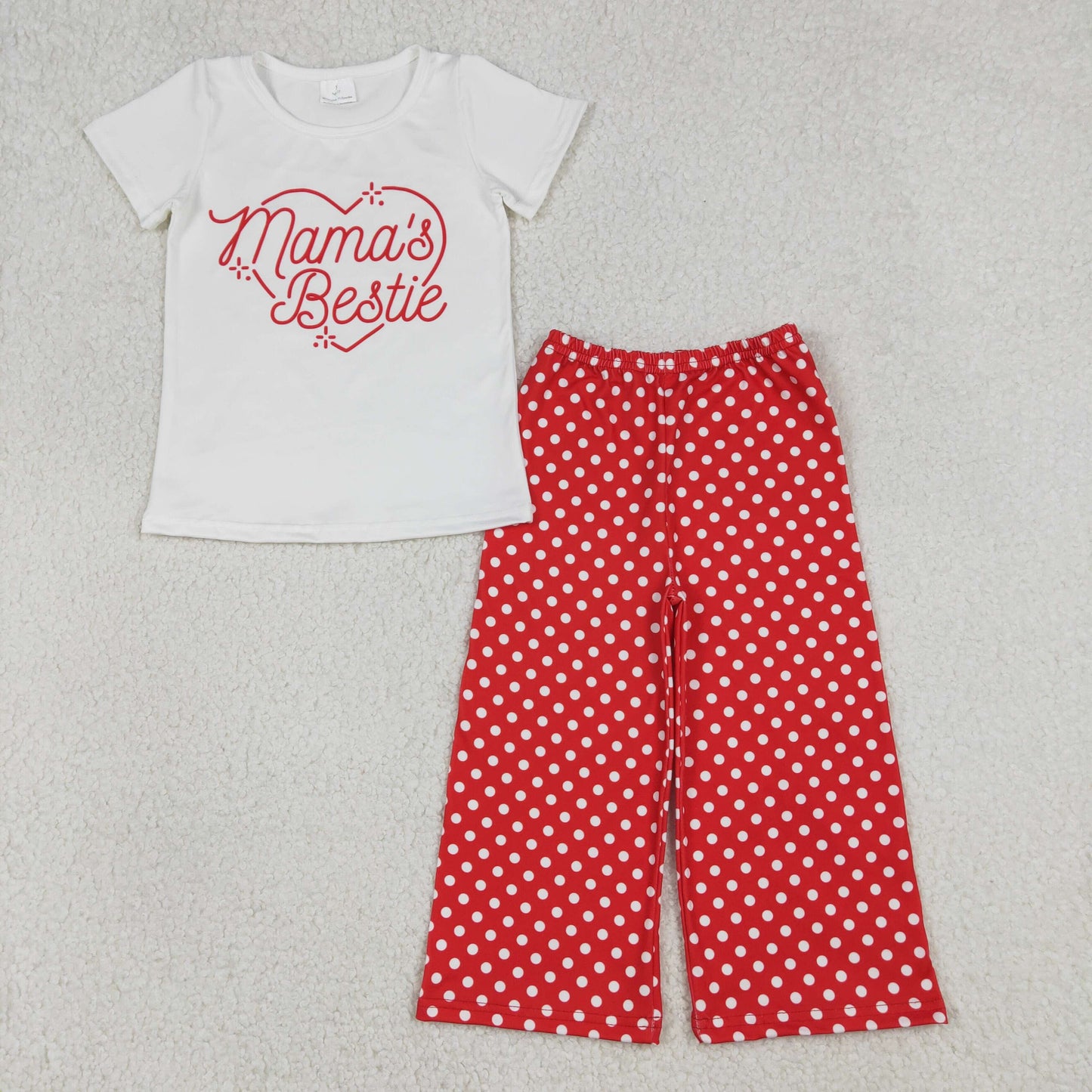 GSPO2250 Baby Girls Red Mama's Bestie Hearts Top Polka Dots Flare Pants Clothes Sets