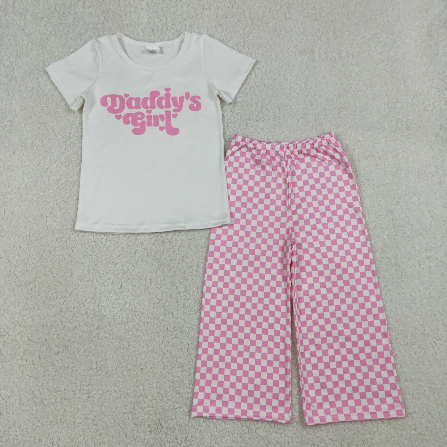 GSPO2257 Baby Girls Hearts Daddy's Girl Top Checked Flare Pants Clothes Sets