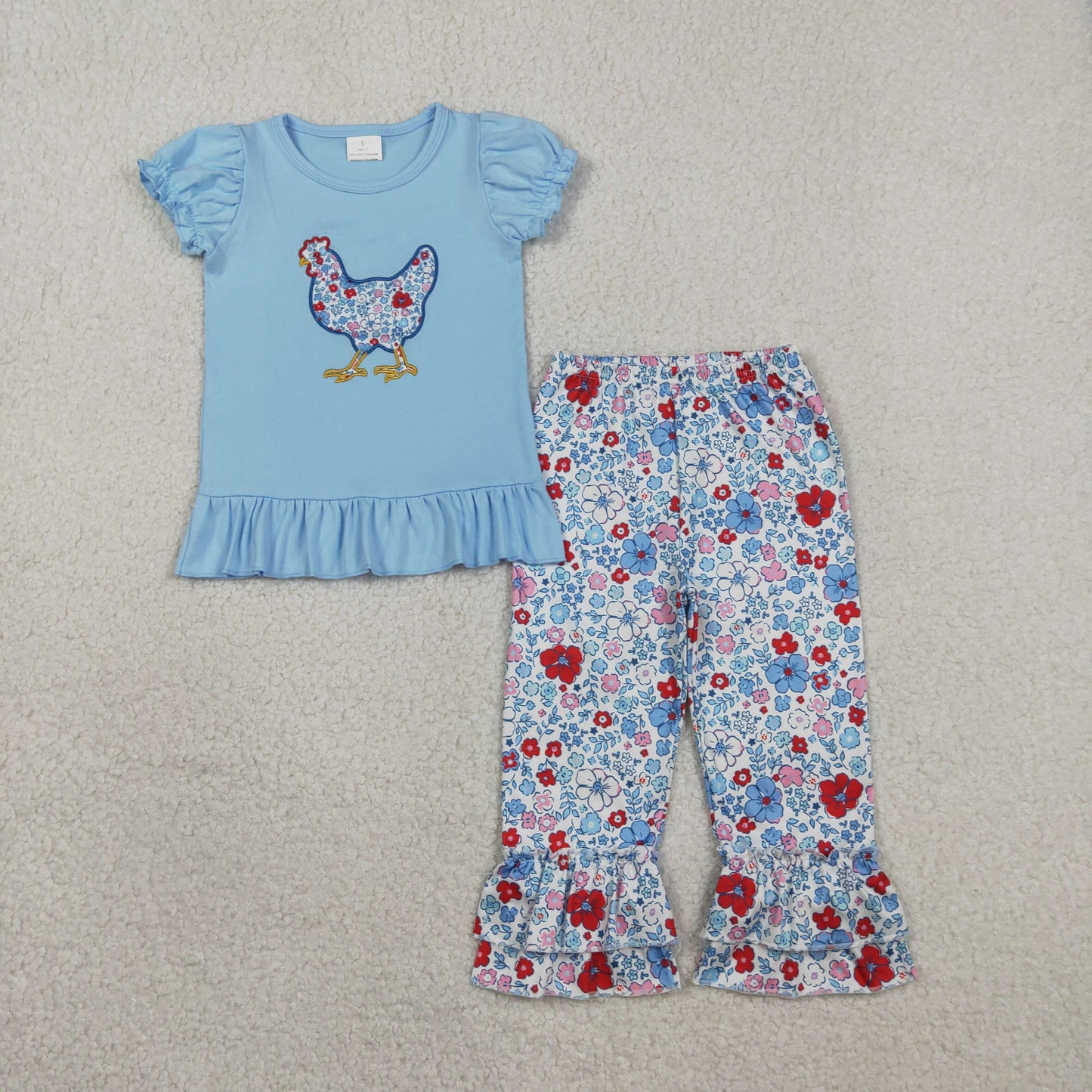 GSPO2261 Baby Girls Embroidery Floral Chick Top Ruffle Pants Farm Clothes Sets