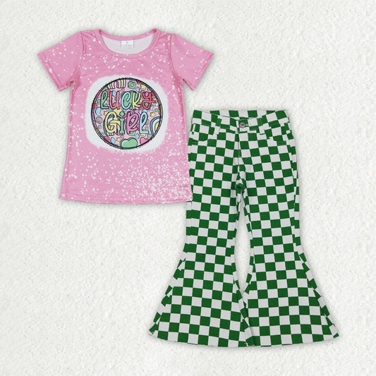 GSPO2288 Baby Lucky Girls Top Green Checked Denim Bell Bottom Pants St Patrick Clothes Sets
