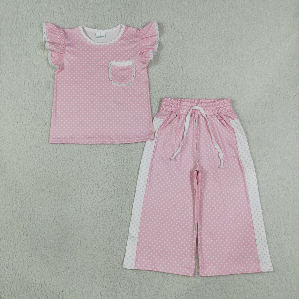 GSPO2330 Baby Girls Pink Polka Dots Pocket Flutter Sleeve Top Flare Pant Clothes Set