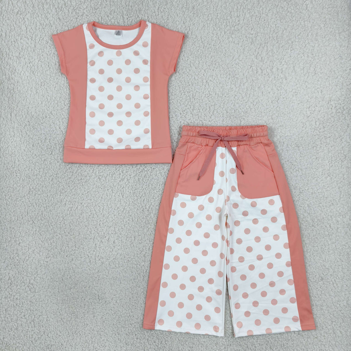 GSPO2333 Baby Girls Orange White Polka Dots Top Pockets Flare Pant Yoga Active Clothes Set