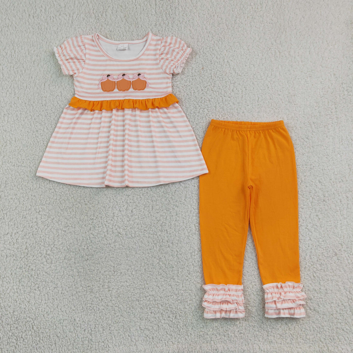 GSPO2337 Baby Girls Embroidery Bows Pumpkins Orange Stripe Tunic Ruffle Pant Fall Set