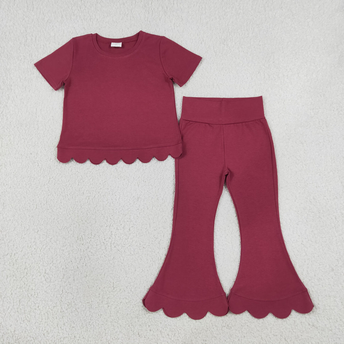 GSPO2341 Baby Girls Maroon Short Sleeve Top Bell Bottom Scallop Cotton Clothes Set