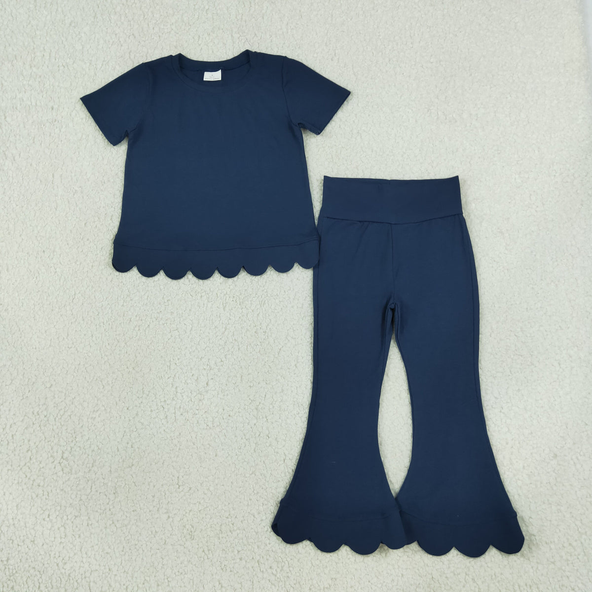 GSPO2343 Baby Girls Navy Short Sleeve Top Bell Bottom Scallop Cotton Clothes Set