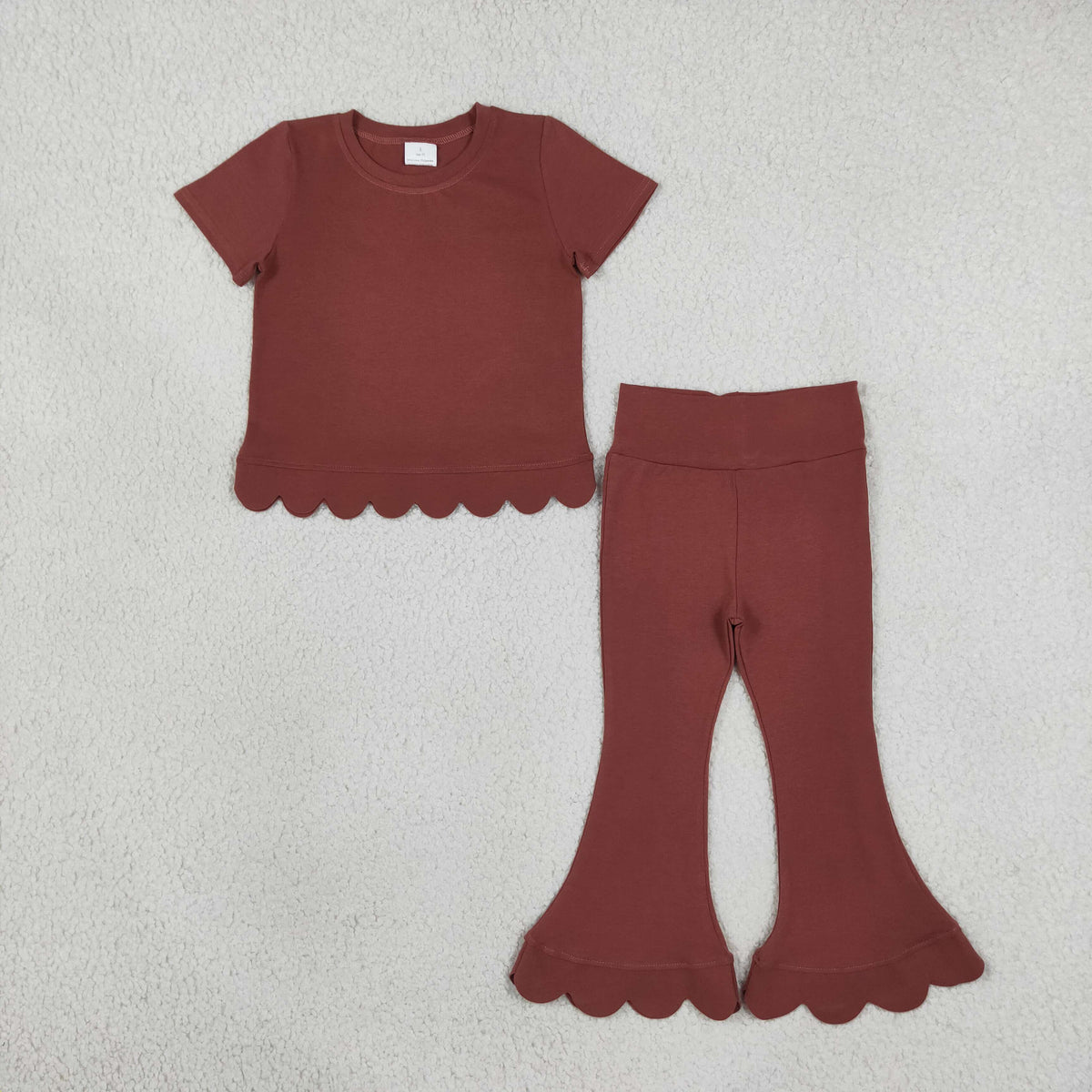 GSPO2347 Baby Girls Brown Short Sleeve Top Bell Bottom Scallop Cotton Clothes Set