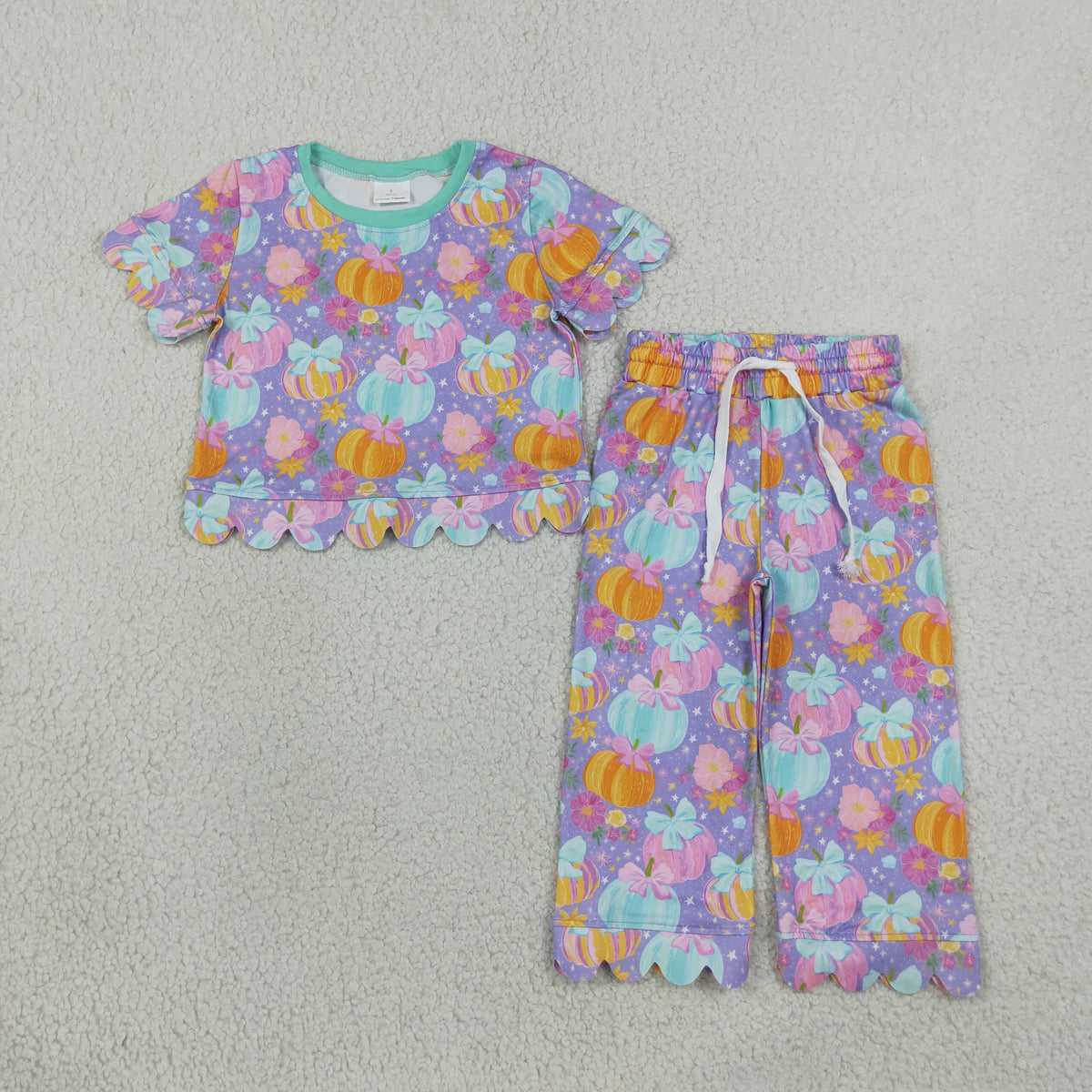 GSPO2364 Baby Girls Flowers Bows Pumpkins Top Flare Pant Fall Scallop Clothes Set
