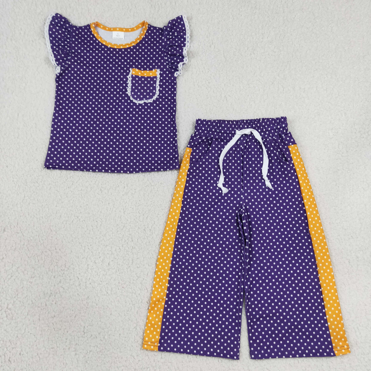 Sibling Baby Girls Flutter Sleeve Polka Dots Top Pockets Flare Pants Clothes Sets