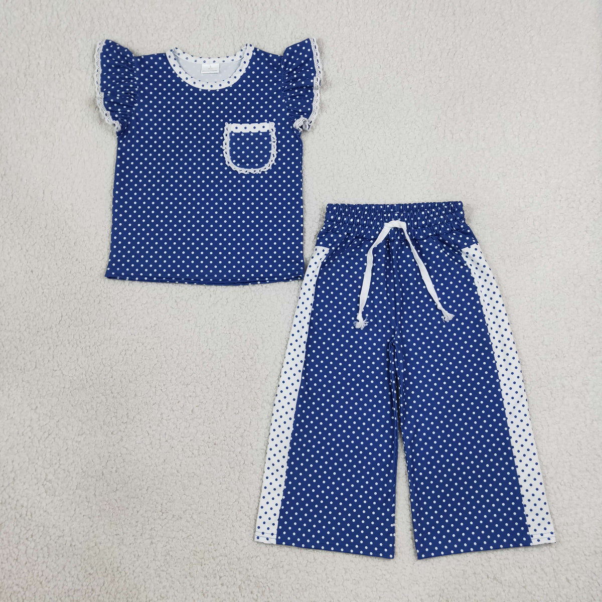 Sibling Baby Girls Flutter Sleeve Polka Dots Top Pockets Flare Pants Clothes Sets