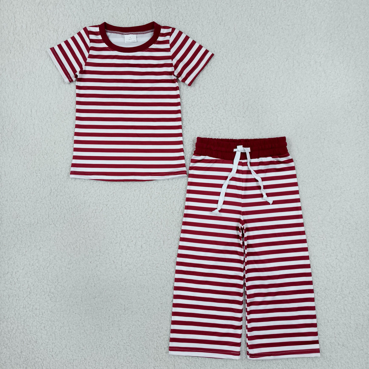 GSPO2384 Baby Girls Short Sleeve Maroon Stripe Top Flare Pant Clothes Sets