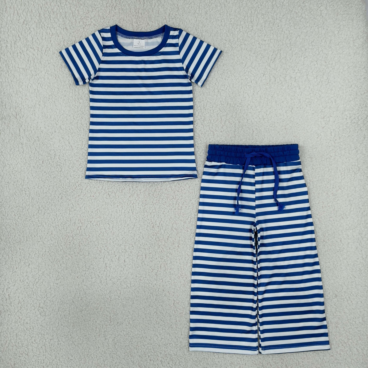 GSPO2385 Baby Girls Short Sleeve Blue Stripe Top Flare Pant Clothes Sets