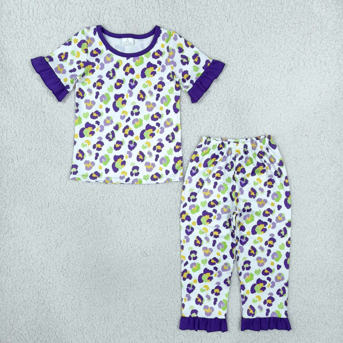 GSPO2388 Baby Girls Short Sleeve Mardigras Leopard Top Ruffle Pant Pajamas Set