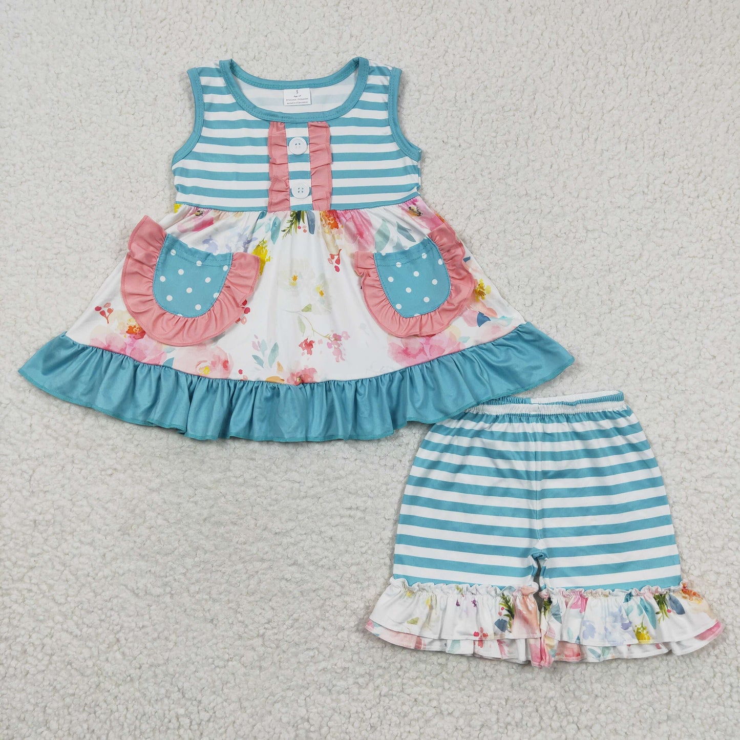 Sibling Baby Girls Sleeveless Bows Lemons Pockets Button Tunic Ruffle Shorts Set