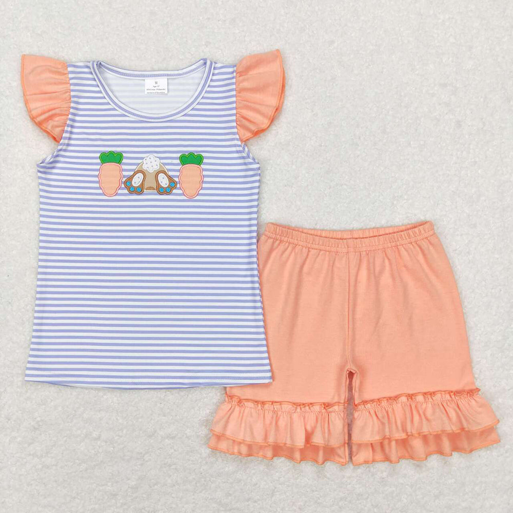 Sibling Baby Kids Embroidery Carrot Rabbit Stripe Top Shorts Easter Clothes Set Rompers