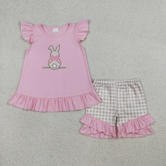 GSSO0374 Baby Girls Embroidery Rabbit Tunic Checked Ruffle Short Easter Clothes Sets