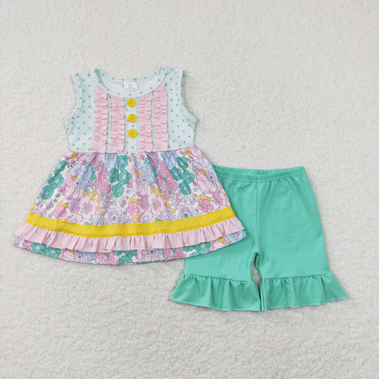 GSSO0503 Baby Girls Flowers Button Ruffle Tunic Shorts Clothes Sets