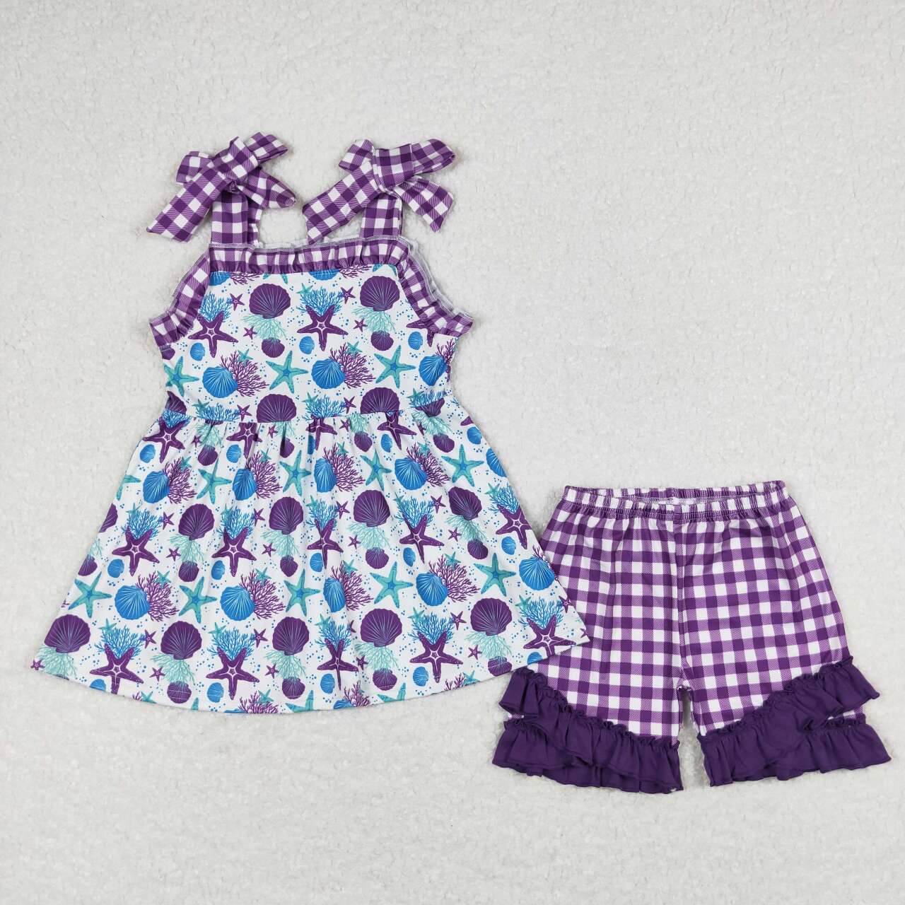 Sibling Baby Girls Strap Crabs Starfishes Tunic Ruffle Shorts Clothes Sets