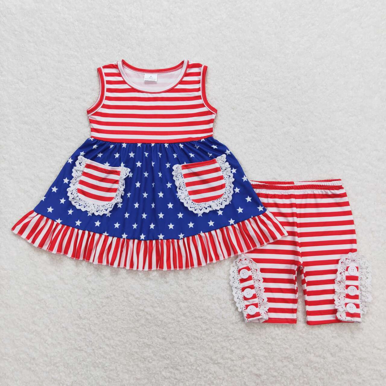 Sibling Baby Girls Stars Stripe 4th of July Shorts Clothes Sets Knee Length Dresses