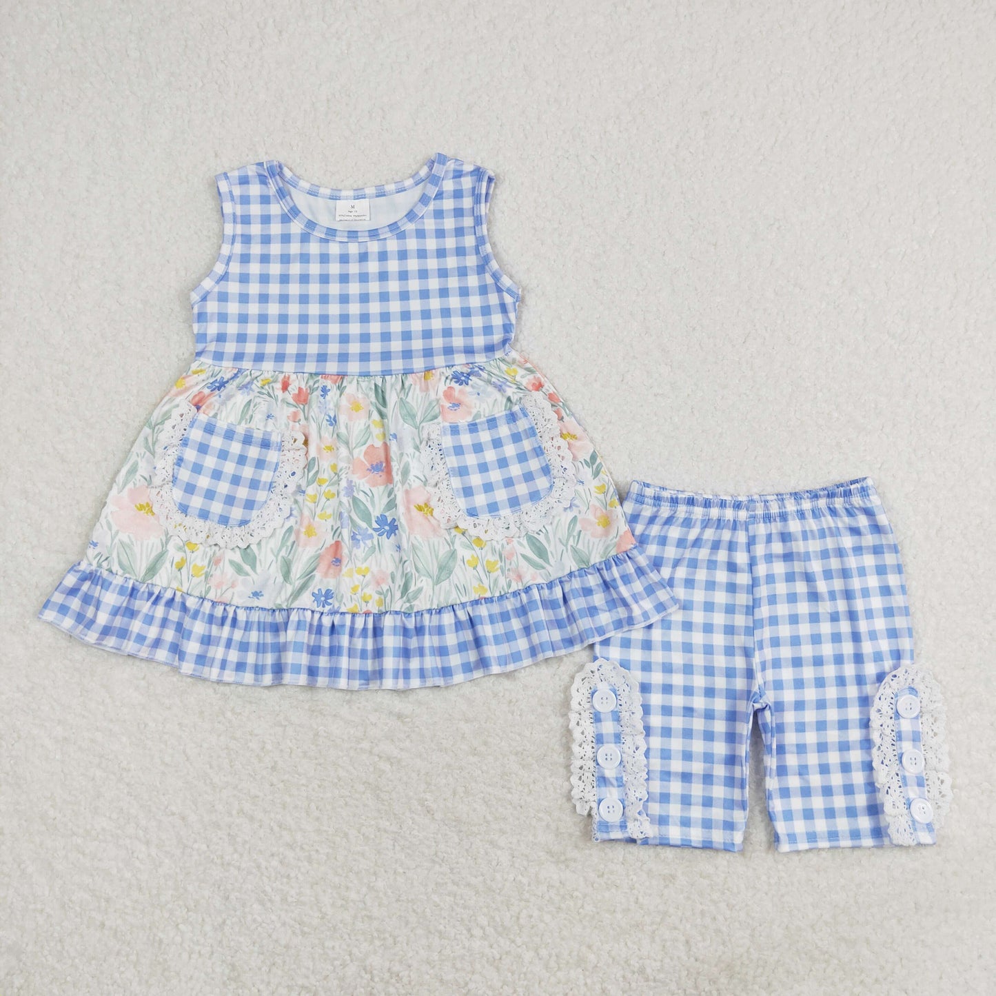 Sibling Baby Girls Checkered Floral Tunic Top Ruffle Middle Length Shorts Clothes Setsv