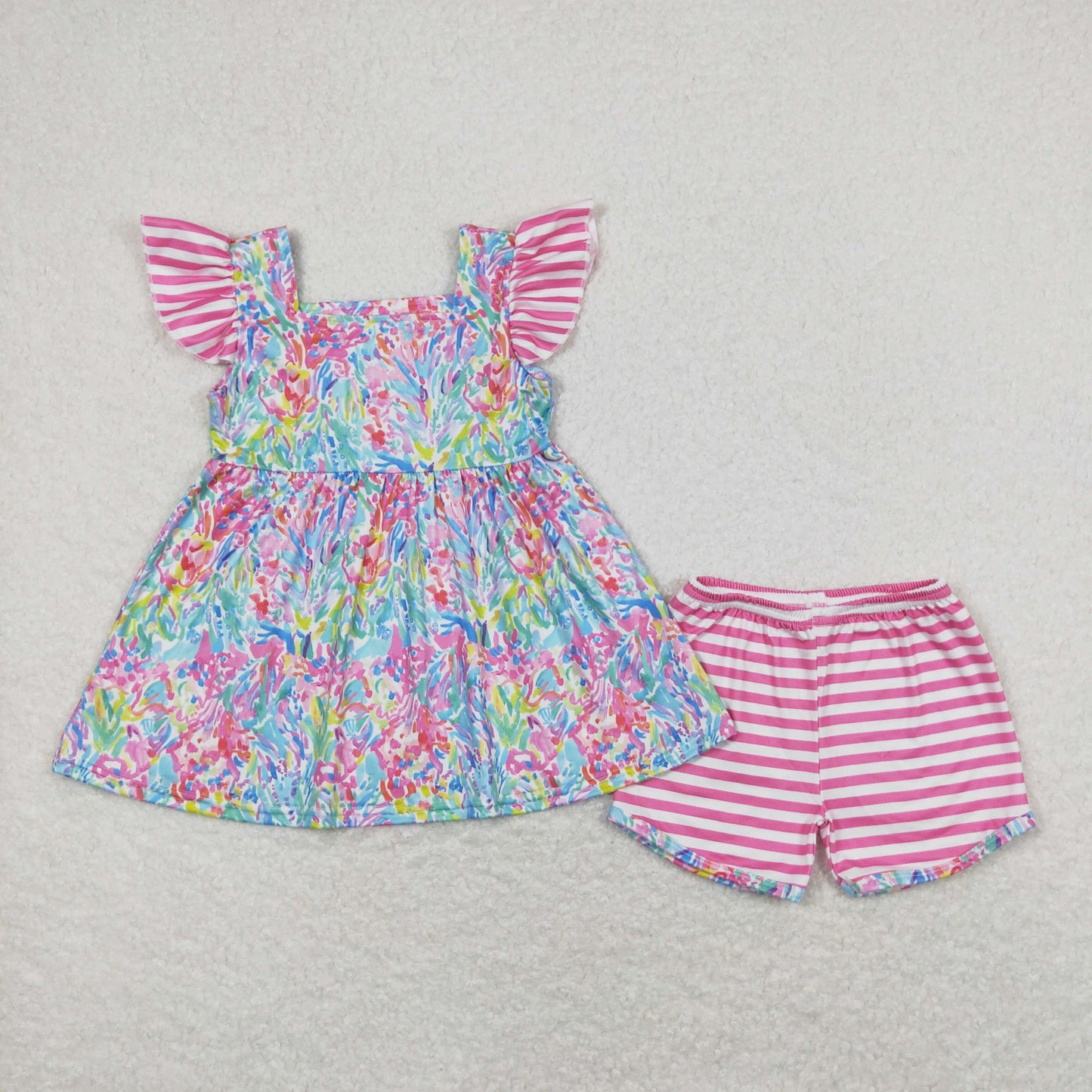 Sibling Baby Girls Flutter Sleeve Colorful Flowers Tunic Short Clothes Sets
