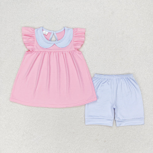GSSO1064 Girls pink flutter sleeve tunic top stripes shorts outfits sets