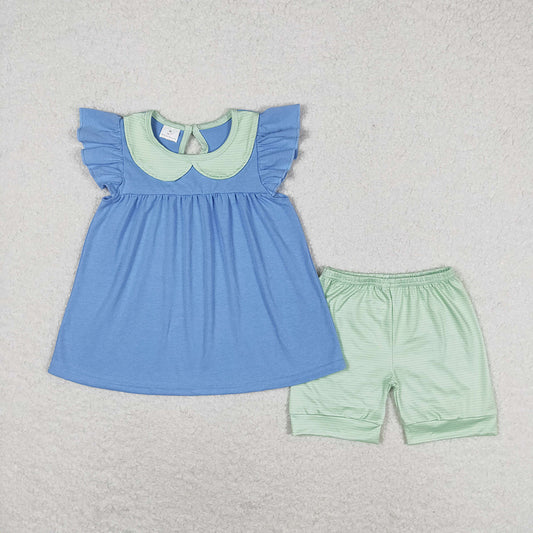GSSO1067 Girls blue flutter sleeve tunic top stripes shorts outfits sets