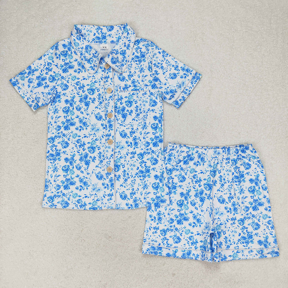 GSSO1148   adult women pajamas blue flowers summer lounge wear sets