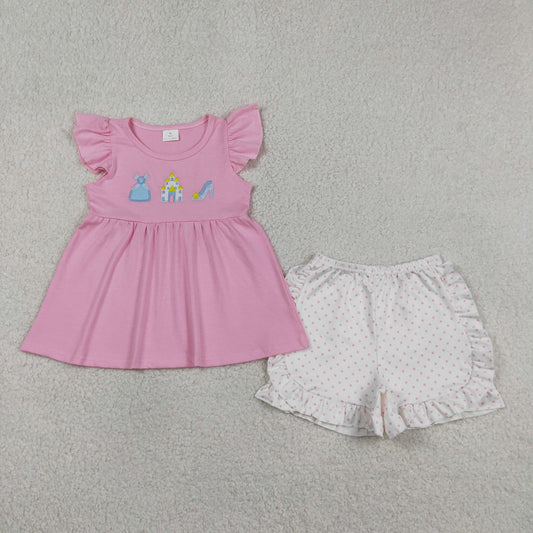 GSSO1186 Baby Girls Embroidery Dress Castles Tunic Polka Dots Ruffle Short Clothes Set