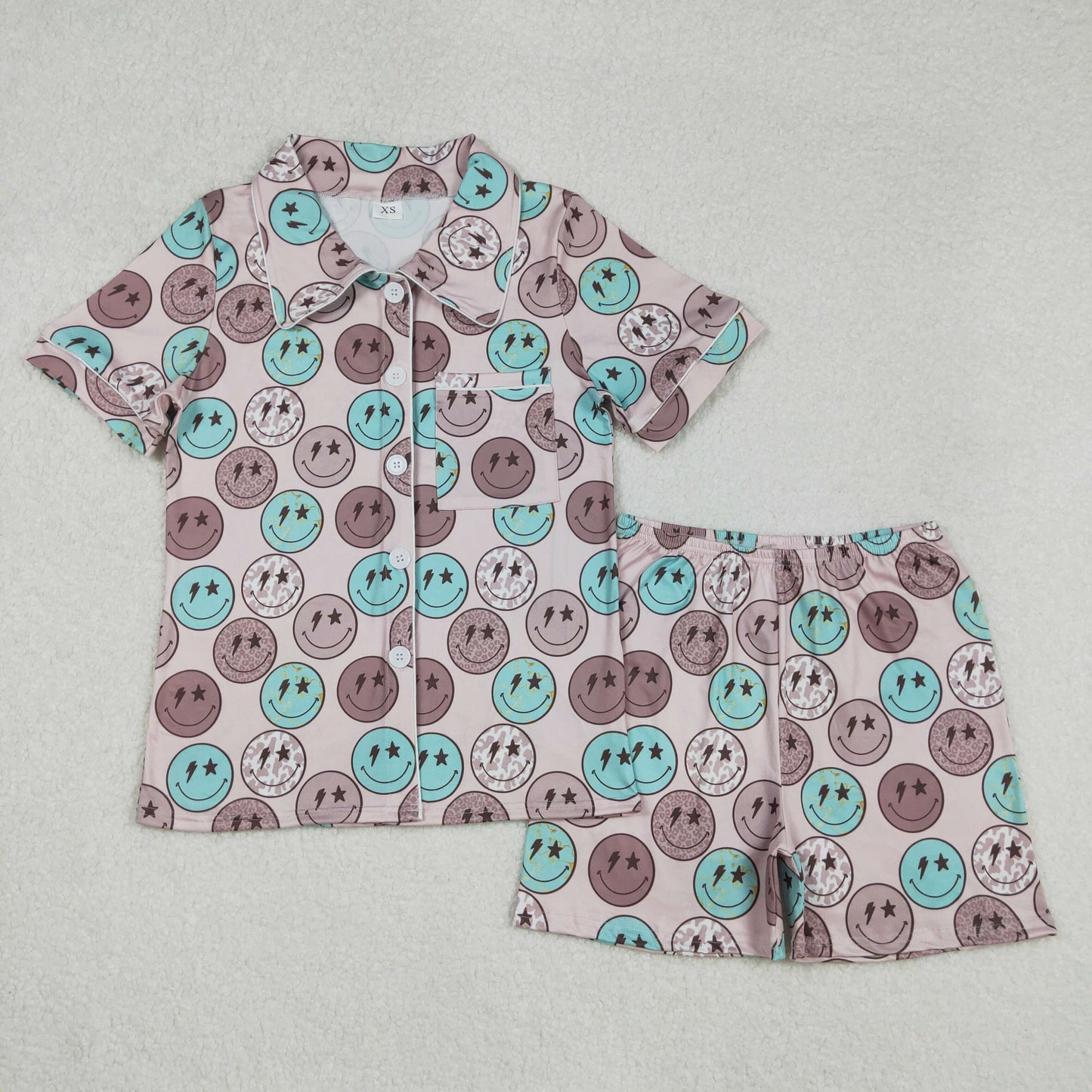 Sibling Adult Women Leopard Aztec Smiles Button Pockets Top Shorts Western Pajamas Set