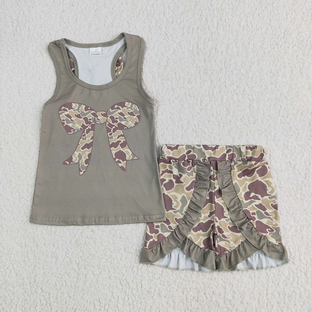 GSSO1629 toddler girls clothes green camo bow top ruffle shorts sets