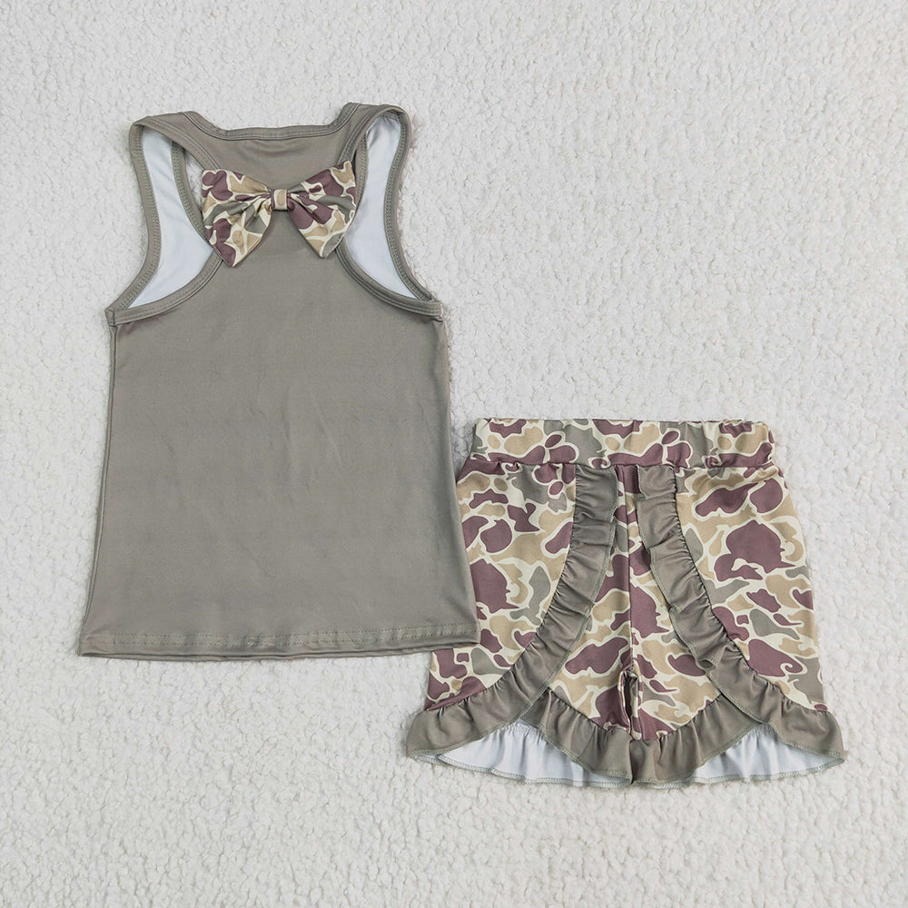 GSSO1629 toddler girls clothes green camo bow top ruffle shorts sets