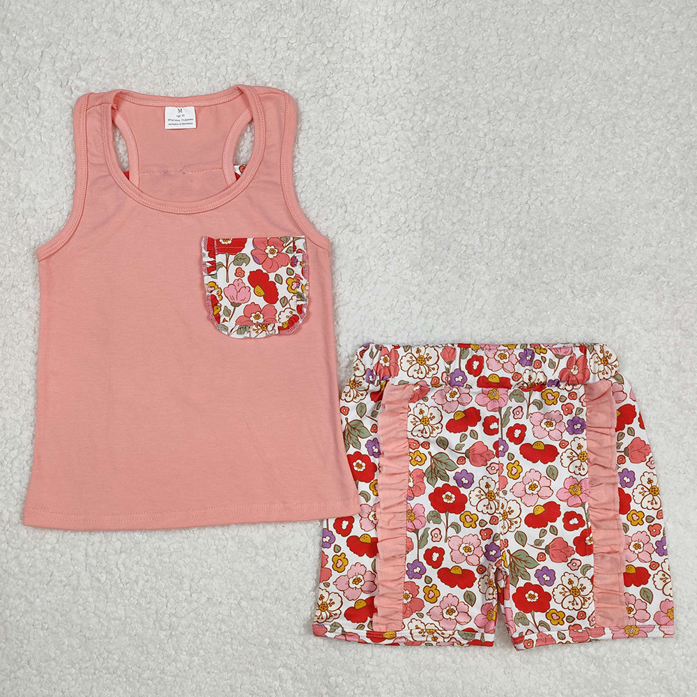 Sibling Summer Baby Girls Back Bow Vest Shirt Flowers Shorts Clothes Sets