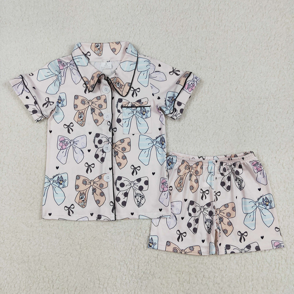 GSSO1810 baby clothes cartoon dog  bows toddler girls summer pajamas
