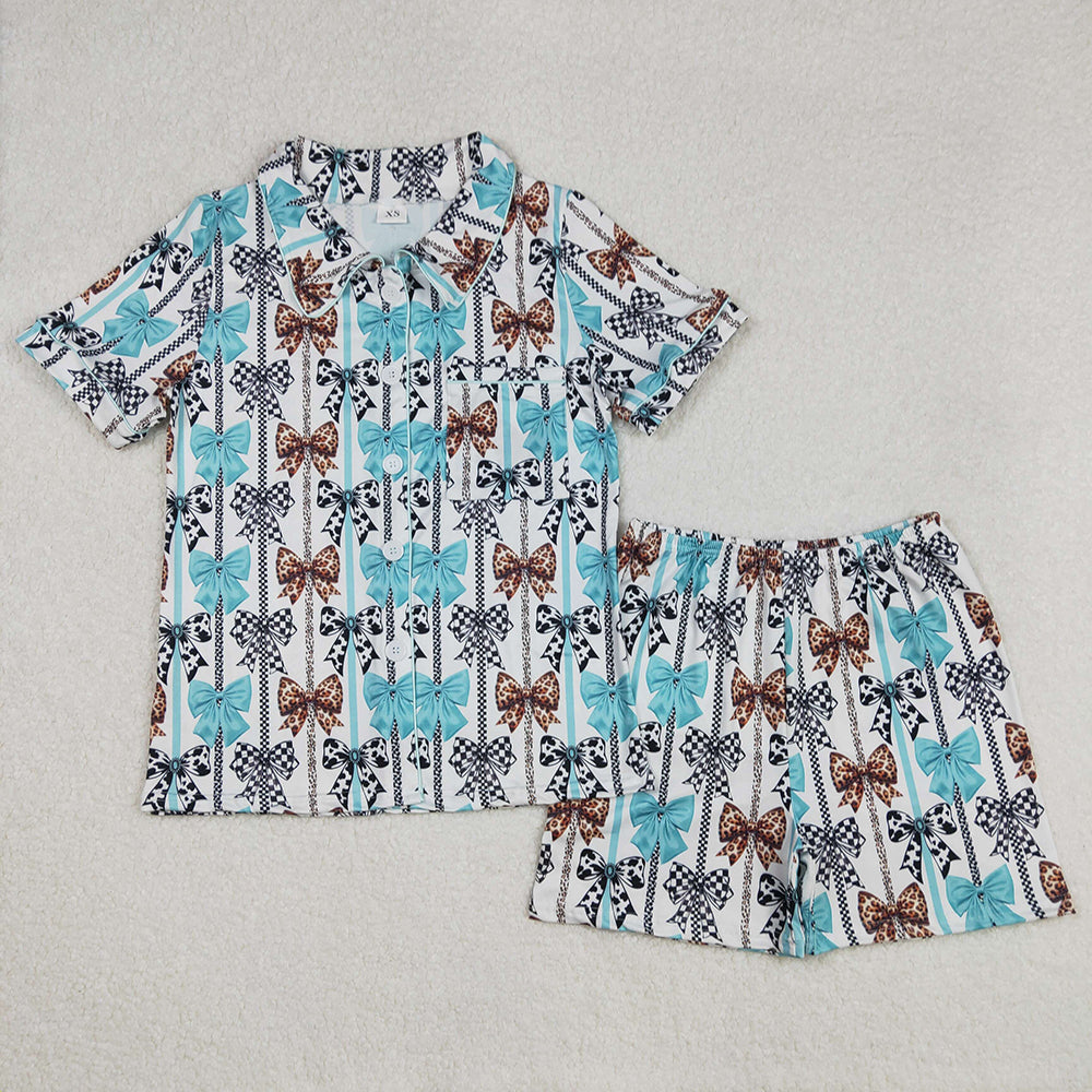 GSSO1856   adult women pajamas western turquoise bows summer lounge wear sets