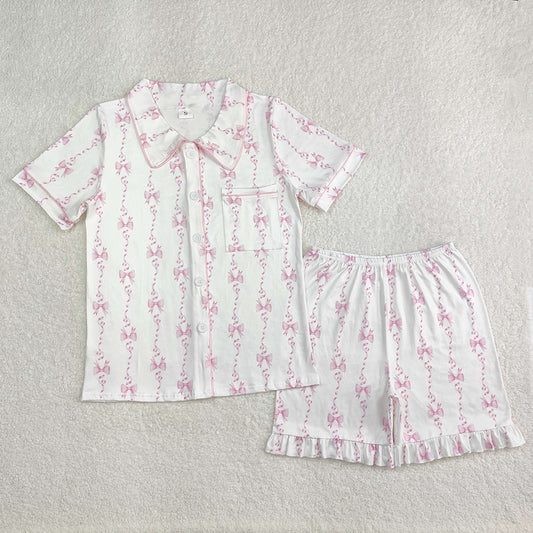 GSSO1944   adult women pajamas pink stripes bows summer lounge wear sets