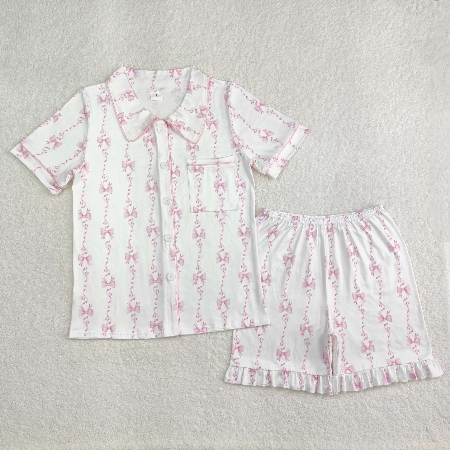 Sibling Adult Women Bows Flowers Pocket Buttons Tops Shorts Pajamas